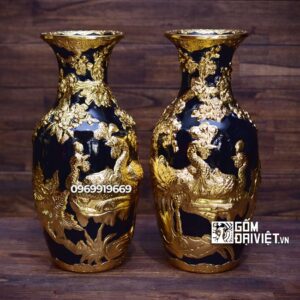 Lộc Bình Cắm Hoa Men Thúy Lam Dát Vàng Chim Công 36cm