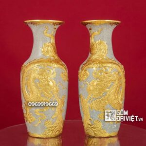 Lộc Bình Thờ Men Rạn Đắp Rồng Dát Vàng 24K 32cm