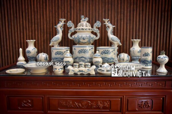 Bộ Đồ Thờ Gốm Sứ Men Rạn Vẽ Sen