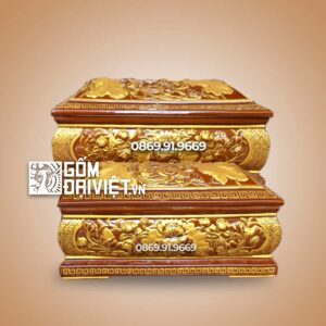 Bộ Quách Tiểu Sứ Bát Tràng Đắp Sen Vẽ Nhũ Vàng